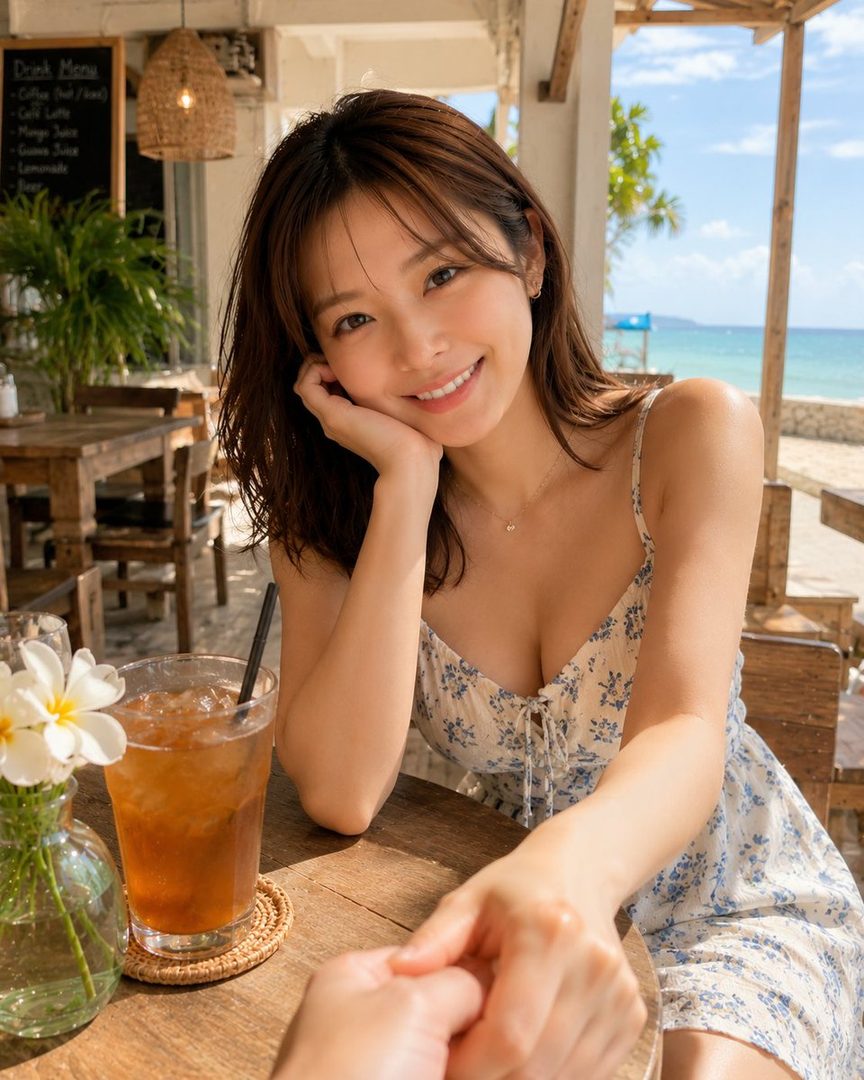A smiling woman with brown hair in a floral sundress sits at a wooden table at a beachside cafe, holding hands with someone, with an iced tea and the ocean in the background.