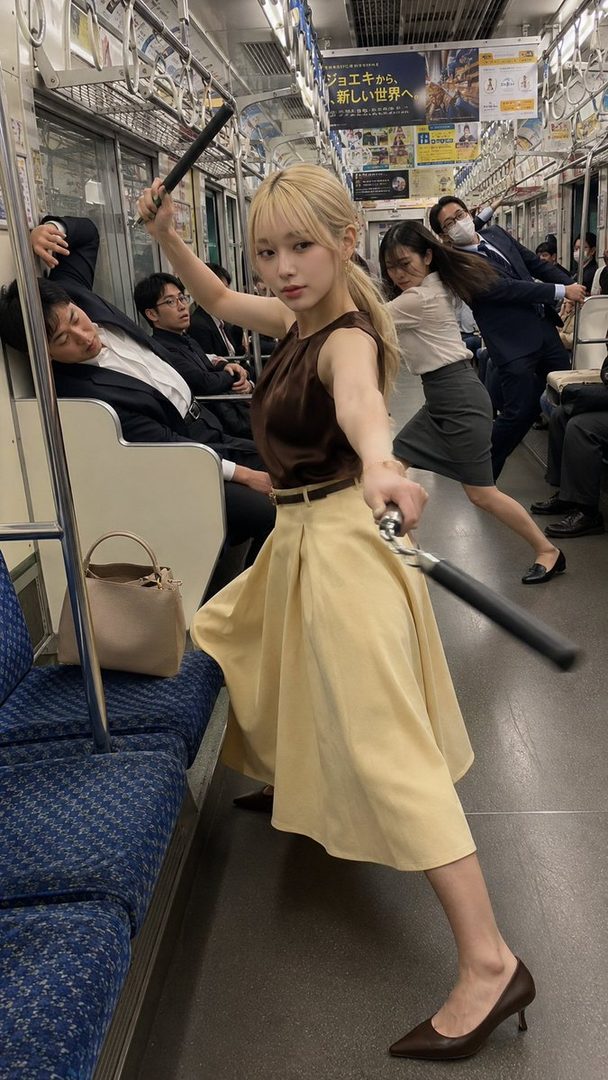Blonde woman in a yellow skirt dynamically posing with nunchucks inside a Japanese subway train surrounded by startled passengers.