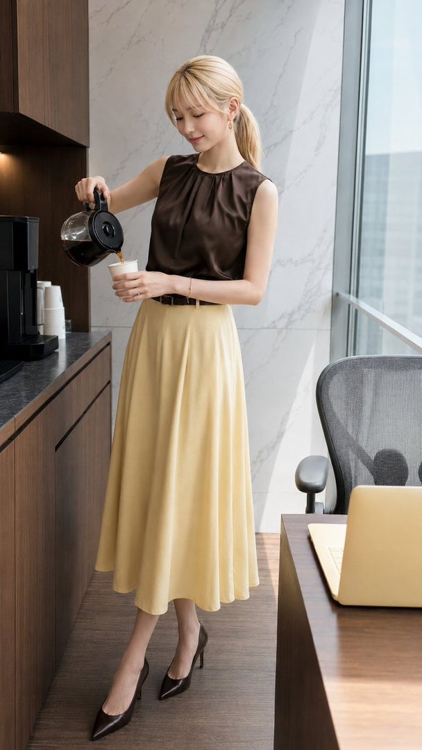 A blonde woman in a brown blouse and yellow skirt pours coffee in a modern office setting.