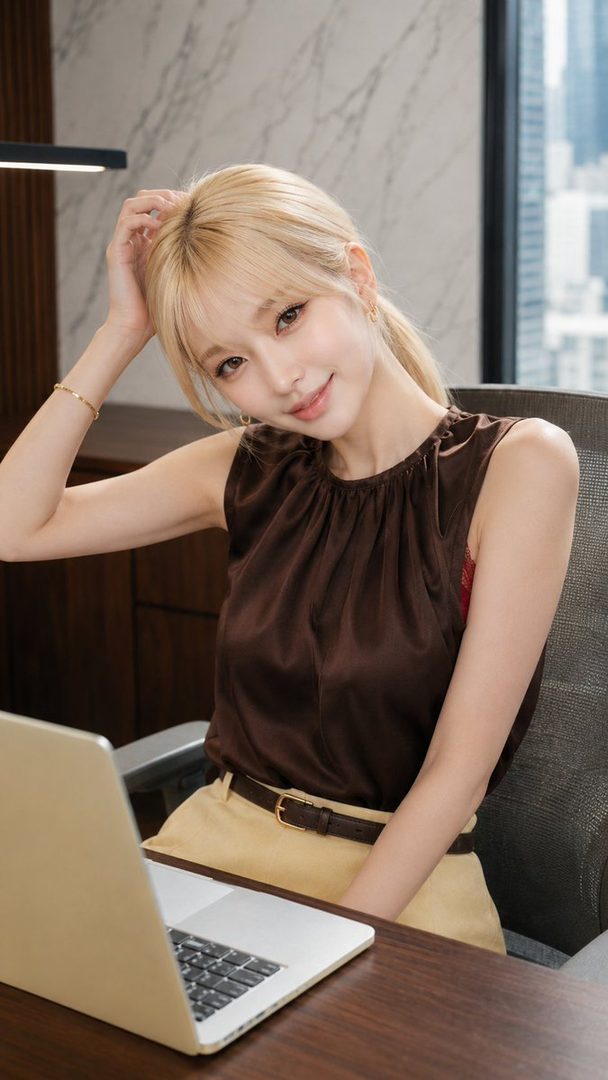 A blonde woman in a brown sleeveless blouse smiles gently while seated at an office desk with a laptop.