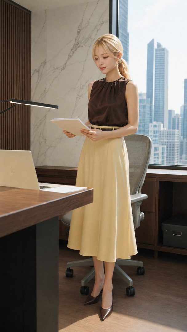 A blonde woman in a brown sleeveless top and yellow skirt stands in a sunlit modern office holding a tablet.