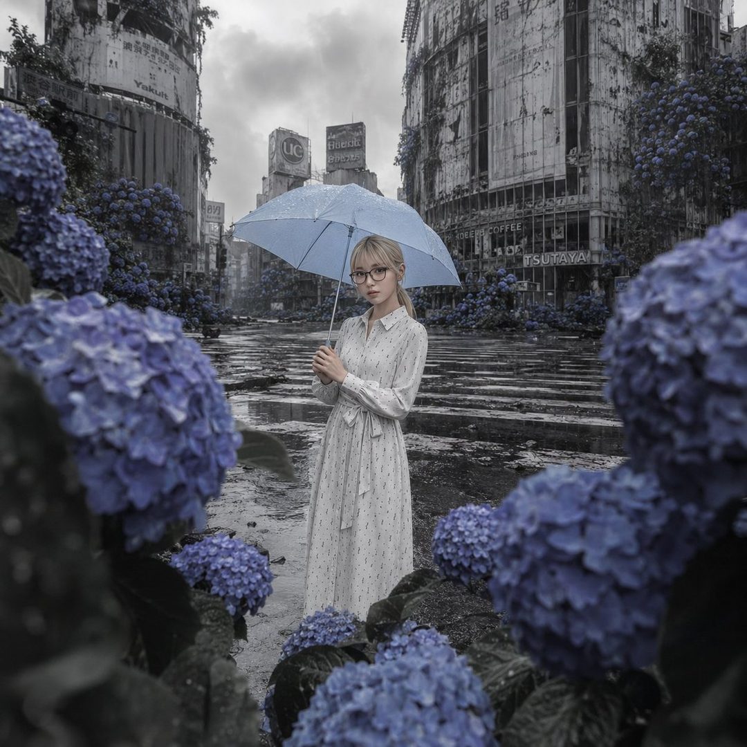 A blonde woman in glasses and a white dress stands holding a light blue umbrella amid rain and overgrown blue hydrangeas in an abandoned Japanese city street.