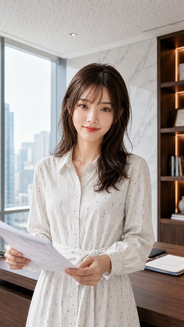 Young woman with long brown hair in a white patterned dress holding documents in a bright modern office with city views.