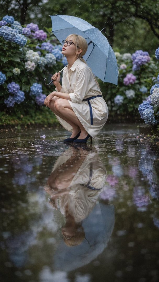 A young woman with short blonde hair and glasses crouches under a light blue umbrella in a rainy hydrangea garden, her reflection visible in a puddle on the path.