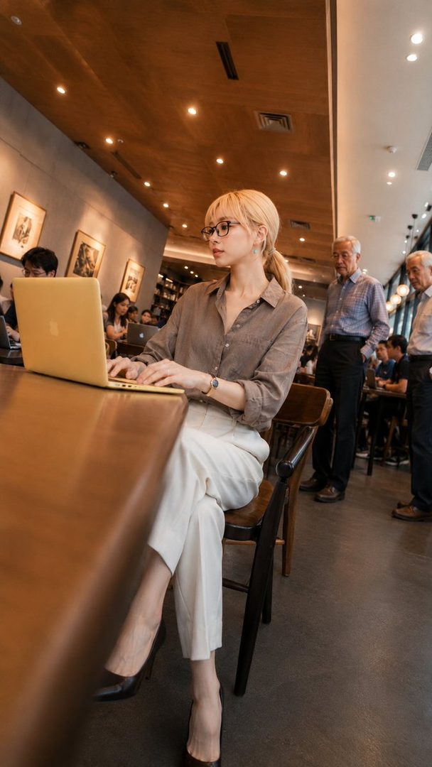 Blonde woman with glasses in a ponytail working on a laptop at a wooden cafe table.