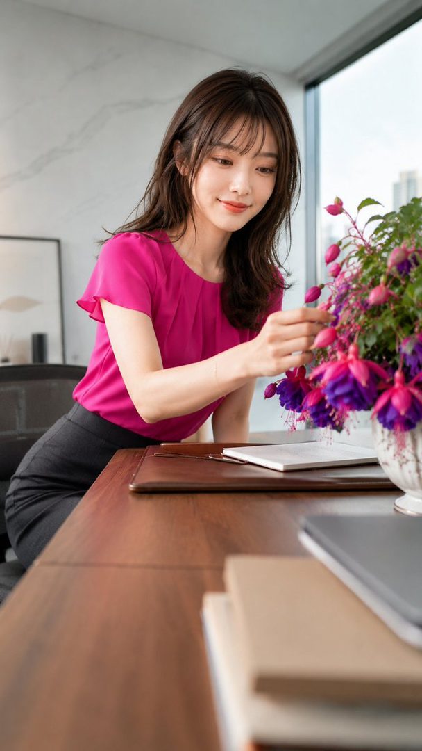 Elegant Japanese woman in a bright pink blouse seated at a modern wooden office desk, gently touching vibrant fuchsia flowers.