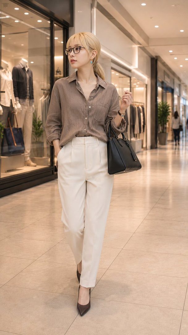 Elegant blonde woman in a brown blouse and white trousers walking through a modern shopping mall interior.