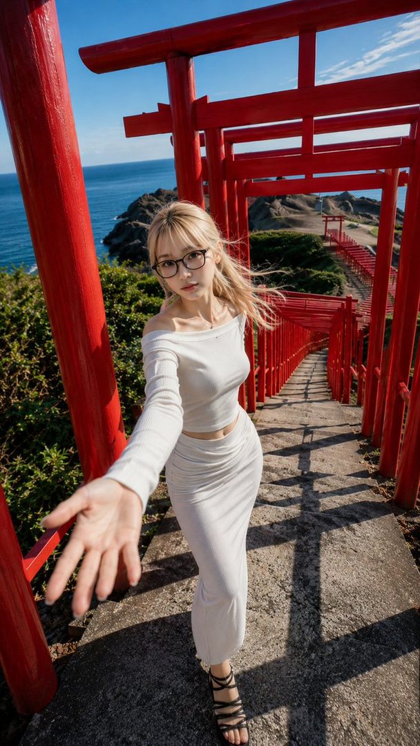 Blonde woman with glasses in white outfit reaching toward camera on red torii gate stairs overlooking the ocean at a Japanese shrine.
