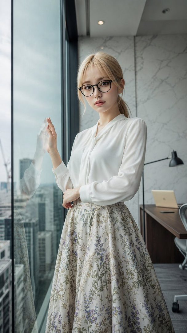 Elegant young woman with blonde ponytail and glasses in white blouse and floral skirt posing by an office window overlooking the city.