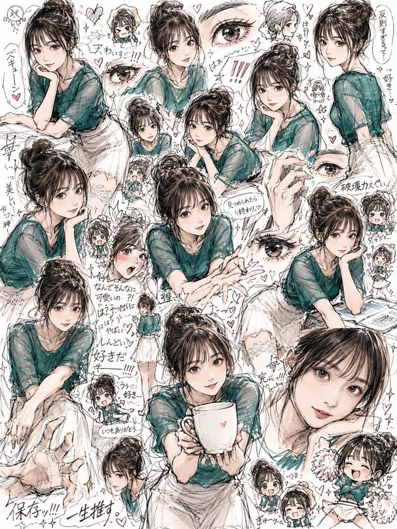 Collage of expressive sketches showing a young woman with dark hair in a bun wearing a green blouse in various cute poses.