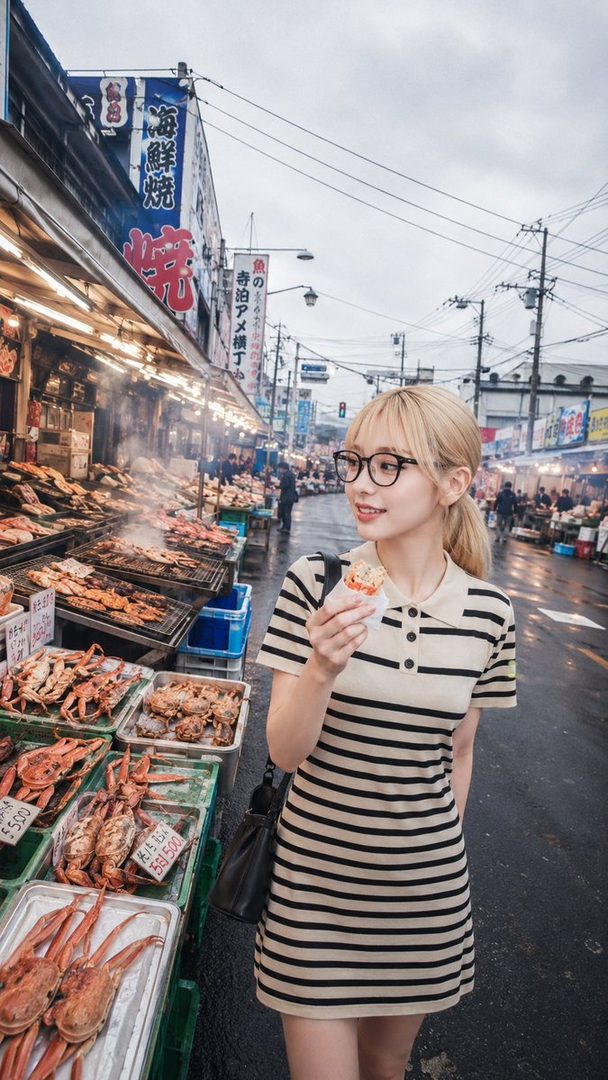 Young blonde woman in glasses and striped dress eating seafood at a Japanese outdoor fish market.