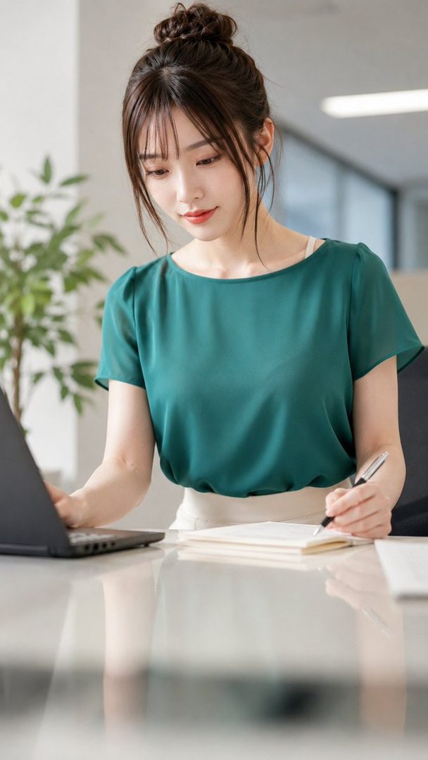 Professional young woman with dark hair in a bun wearing a green blouse, focused on laptop and notebook in a bright modern office.