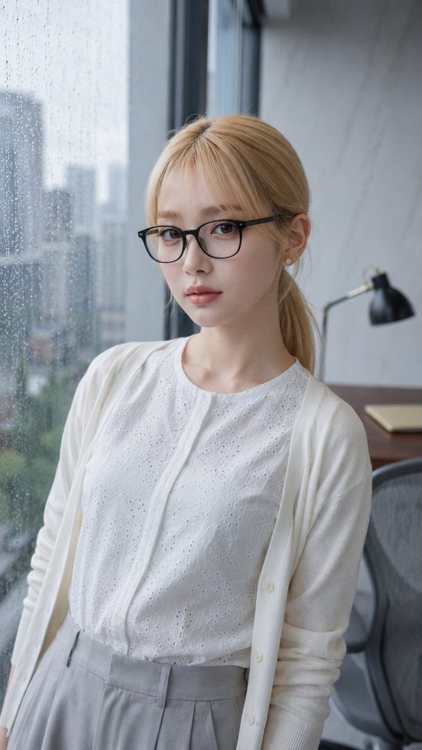 Professional portrait of a young blonde woman with glasses wearing a white cardigan in a modern office overlooking a rainy cityscape.