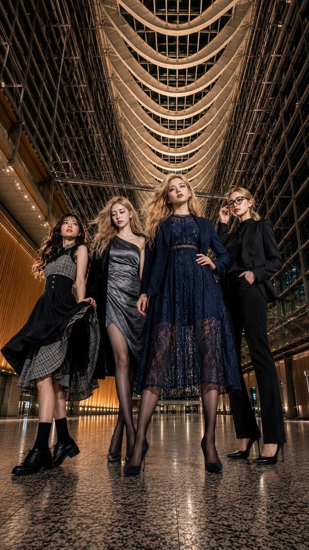 Four stylish young women posing confidently in elegant dresses and suits inside a grand modern architectural atrium.