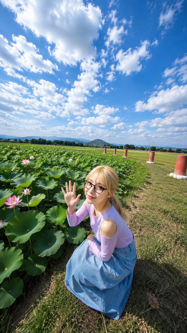 Young blonde woman with glasses in a purple top and denim skirt posing in a lotus flower field under a blue sky.