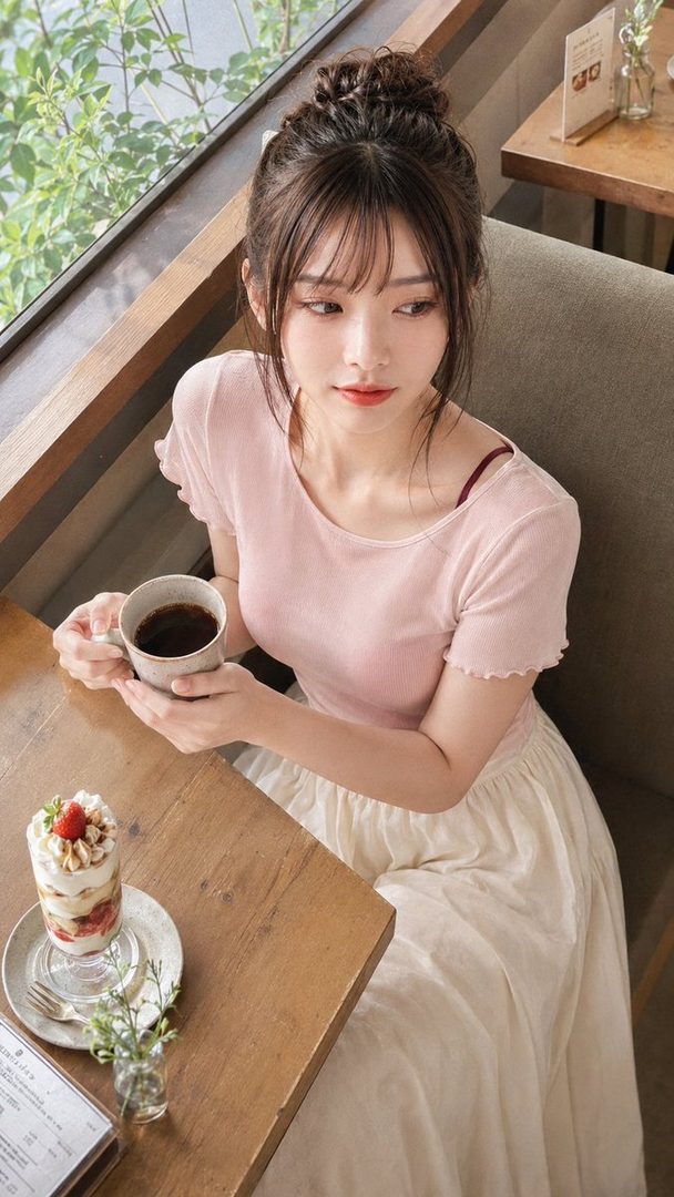 A young woman with brown hair in an updo wearing a pink blouse and white skirt, sitting in a cafe holding a coffee cup beside a strawberry dessert.