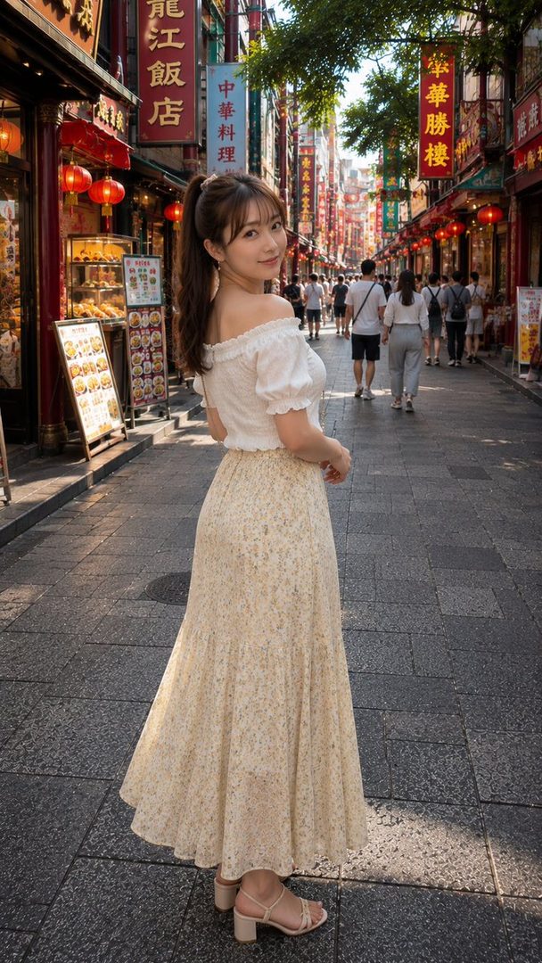 A young woman with brown hair in a ponytail, wearing an off-shoulder white top and a floral maxi skirt, smiles over her shoulder while walking down a bustling Chinatown street.
