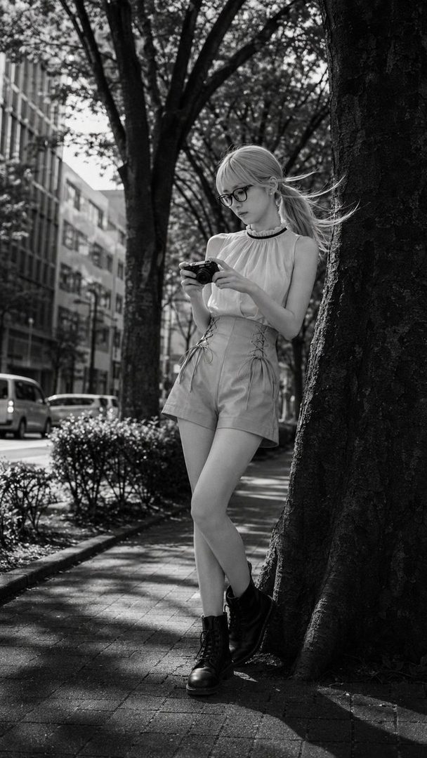 Young woman with blonde ponytail and glasses leaning against a tree on a sunny city sidewalk while checking her camera.