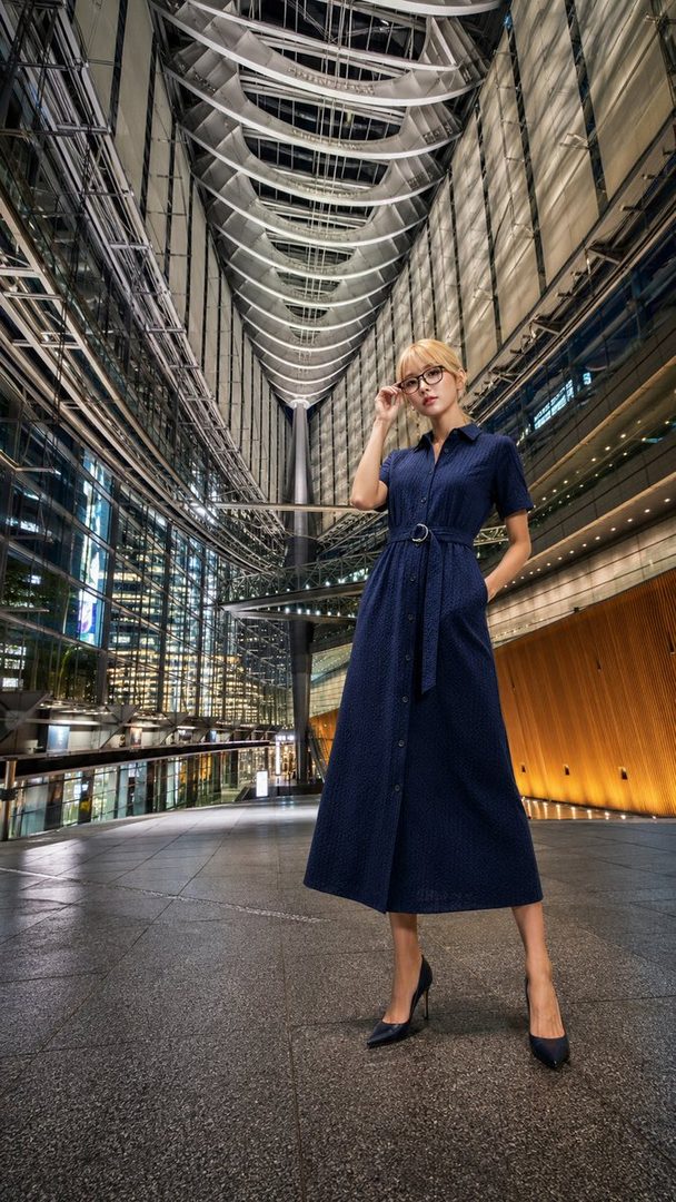 Blonde woman in a navy blue midi dress posing confidently inside the grand modern atrium of Tokyo International Forum at night.