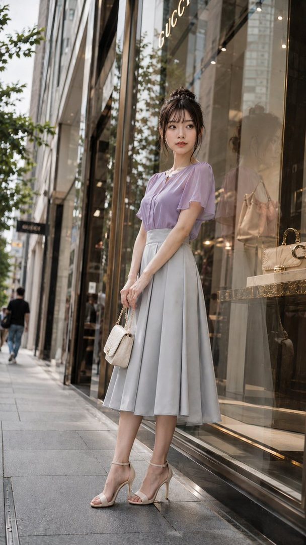 Elegant young woman posing on a city sidewalk in front of a luxury store, wearing a lavender blouse and gray midi skirt with high heels.