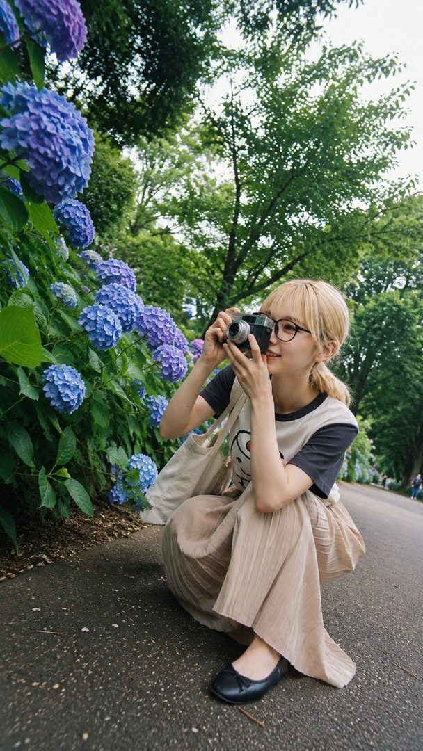 Young blonde woman with glasses squatting on a garden path while holding a camera to her eye, surrounded by blooming blue hydrangeas.