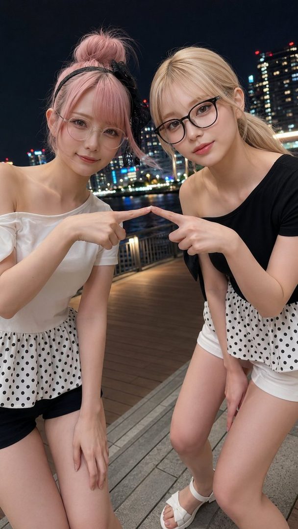 Two young women with glasses posing playfully together at night against a city skyline.
