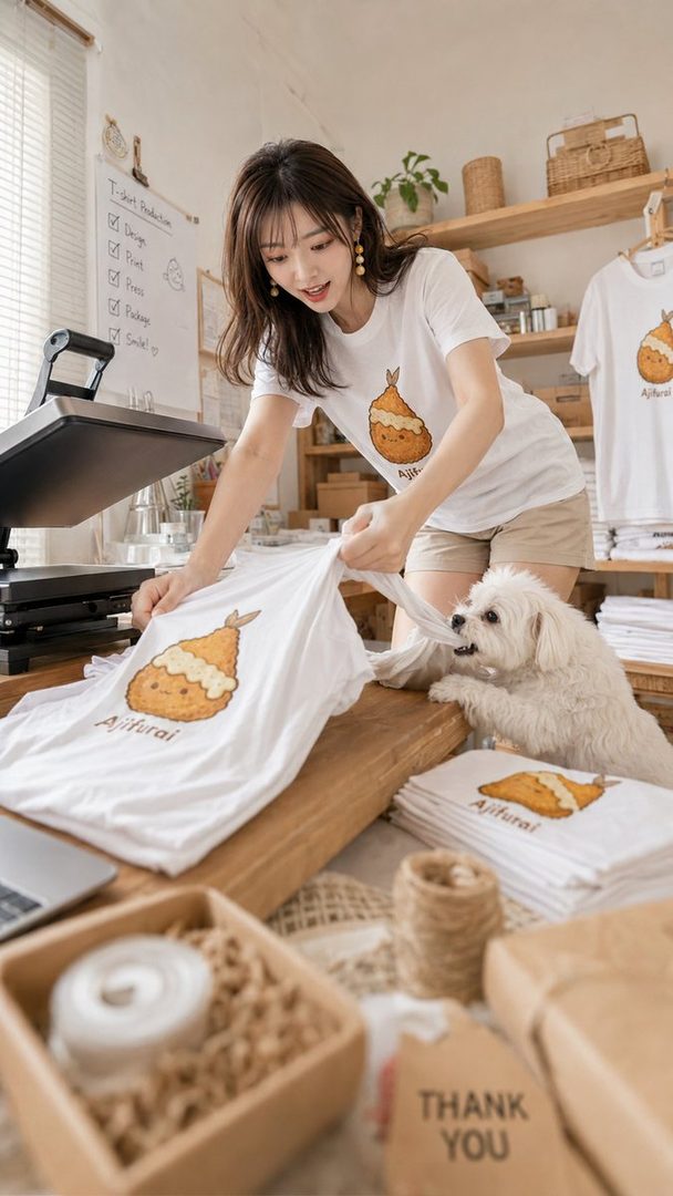 A young woman in a bright craft studio holds up a white T-shirt featuring a cute pear graphic while a small white Maltese dog playfully interacts nearby.