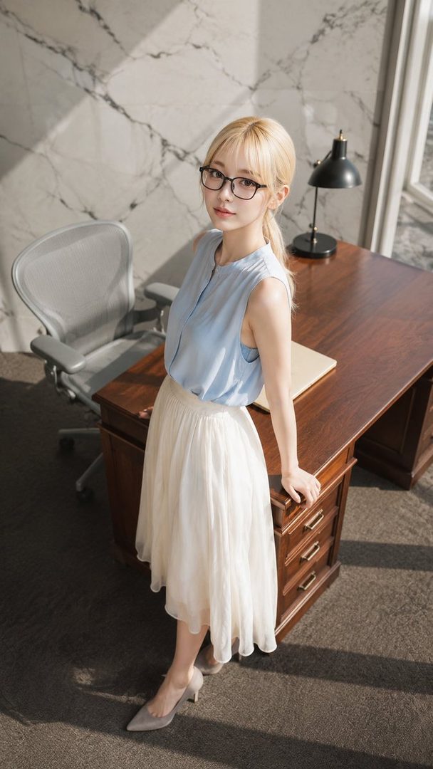 A young blonde woman wearing glasses, a light blue sleeveless blouse and flowing white skirt, posing elegantly beside a wooden office desk.