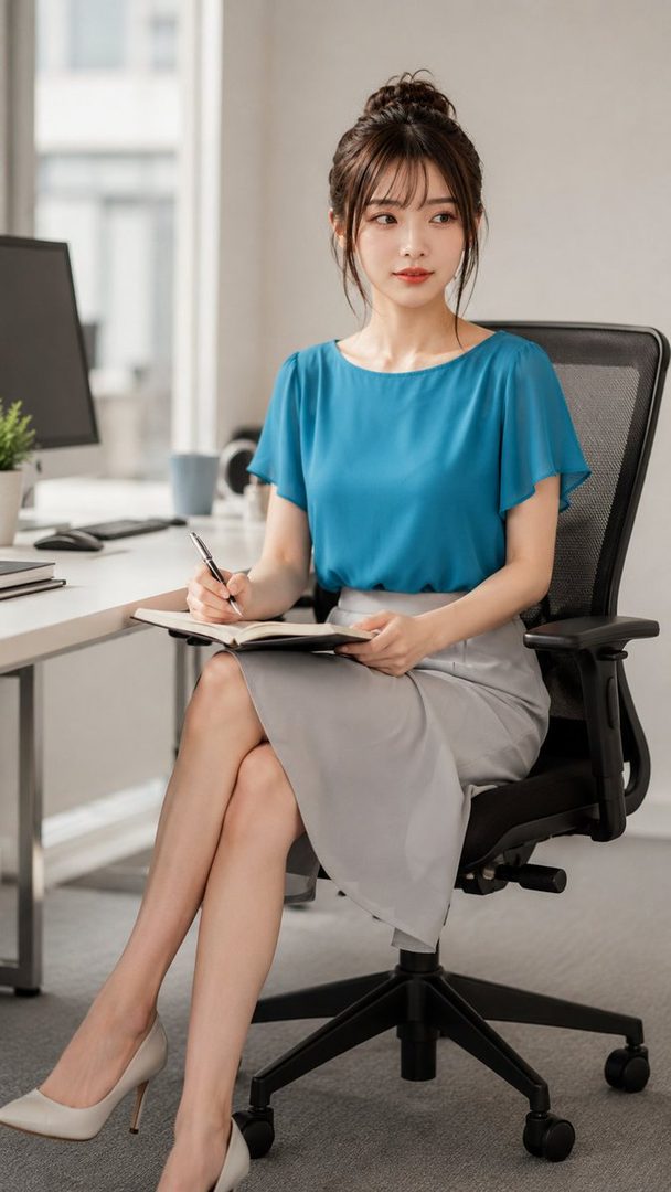 A young East Asian woman in professional attire sits in an office chair holding a notebook and pen, posing elegantly in a bright modern workspace.