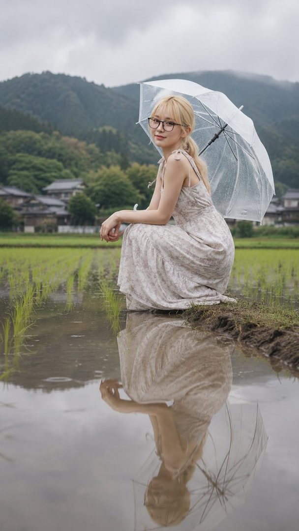 Young blonde woman in a light floral dress sitting by a flooded rice paddy holding a clear umbrella, with reflection in the water and misty Japanese countryside behind her.