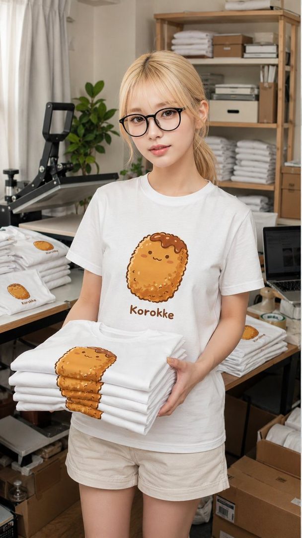 Young blonde woman with glasses wearing a cute korokke graphic t-shirt holds a stack of printed shirts in a bright workshop setting.