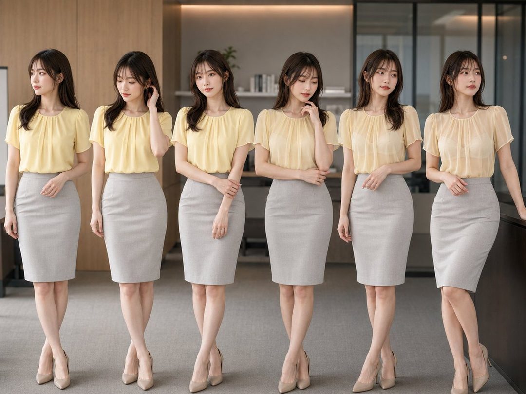 Six young East Asian women in matching yellow blouses and gray pencil skirts posing together in a modern office interior.