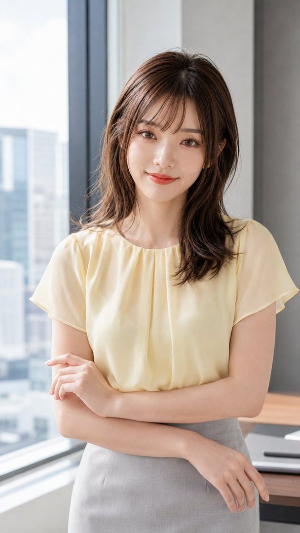 Professional young woman with shoulder-length brown hair wearing a pale yellow blouse and gray skirt, posing with arms crossed in a modern office overlooking the city.
