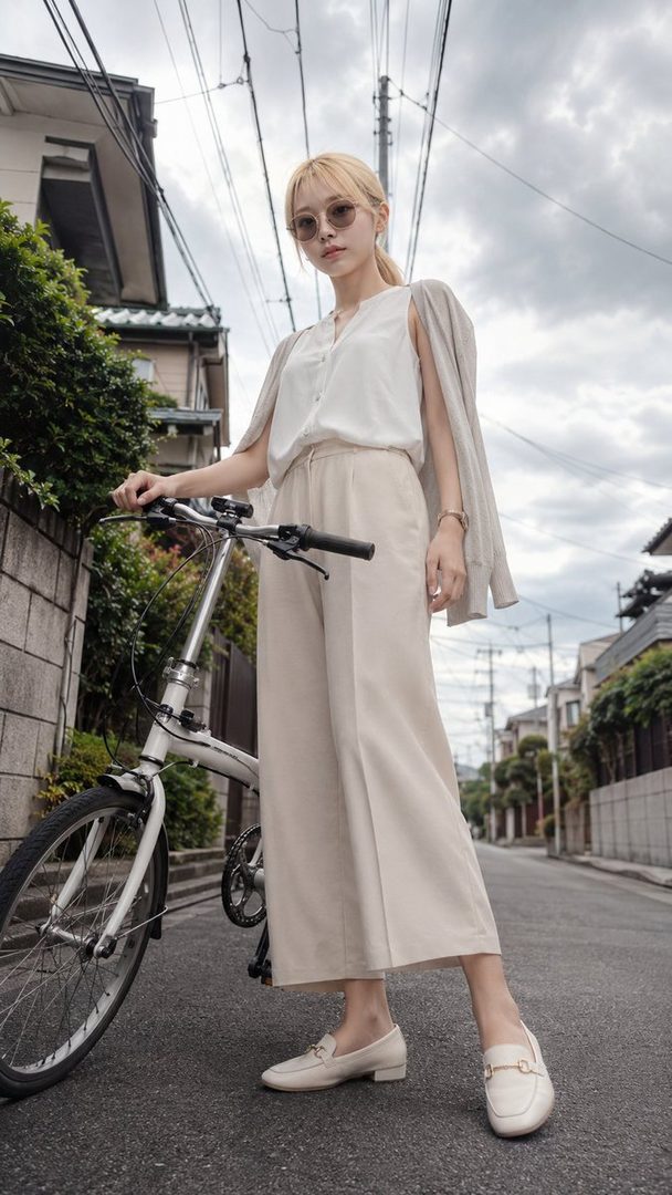 Stylish blonde woman in a white sleeveless blouse and beige wide-leg trousers posing with a bicycle on an overcast suburban street.