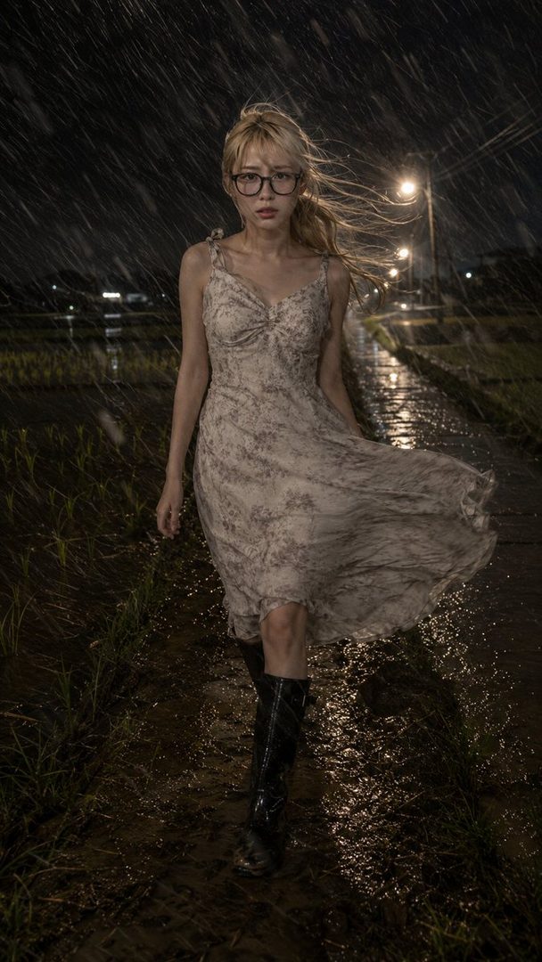 A blonde woman in a flowing floral dress and boots walks through heavy rain at night beside flooded rice paddies.