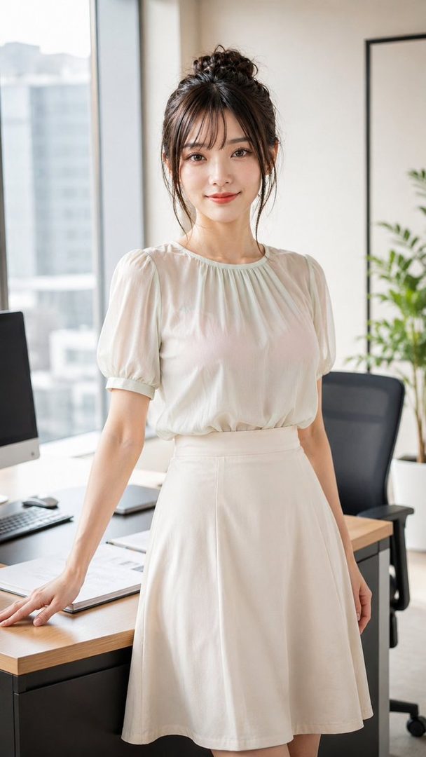 A young East Asian woman with dark hair in an updo wearing a cream blouse and A-line skirt, posing elegantly in a modern office.