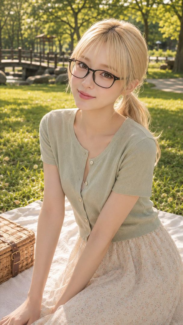 A young blonde woman with glasses wearing a light green cardigan and floral skirt sits on a picnic blanket in a sunny park.