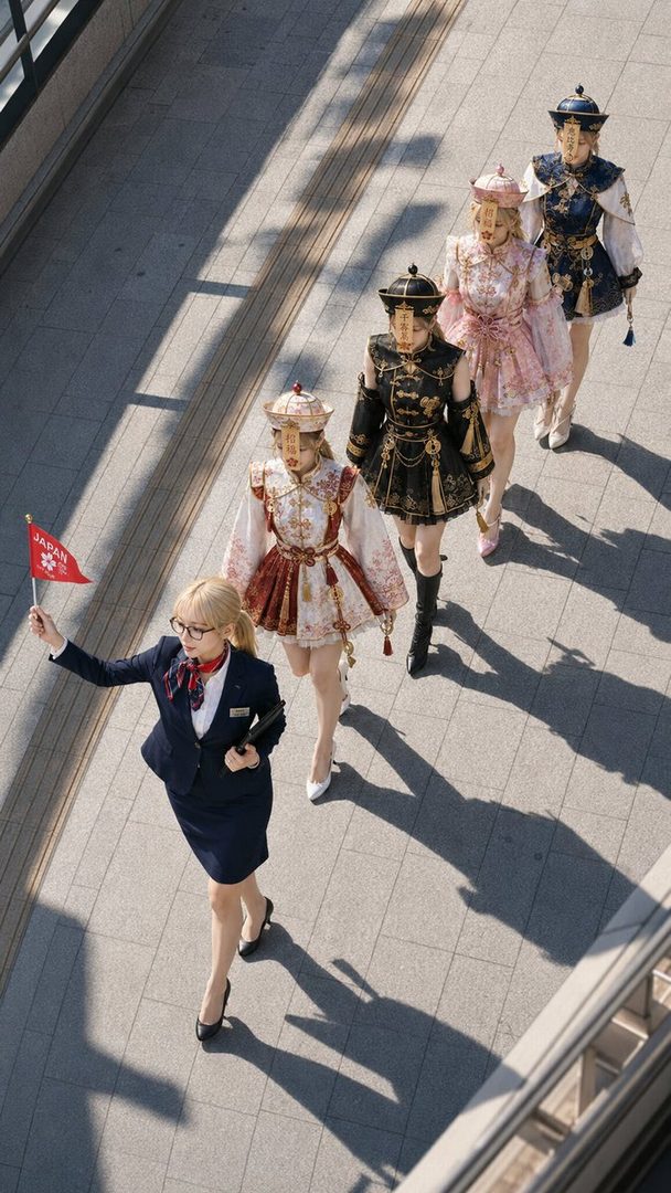 Aerial view of five women in ornate traditional-inspired costumes walking in formation indoors, led by a guide in a navy uniform holding a small Japanese flag.