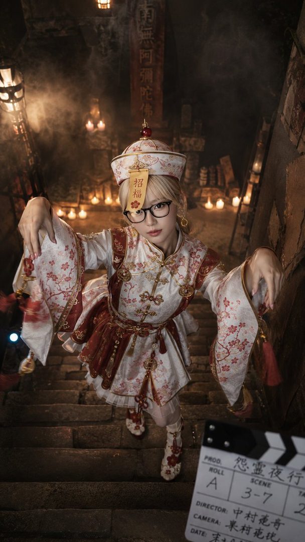 Blonde woman in ornate red and white traditional costume with glasses posing dynamically on stone stairs in a lantern-lit night setting.