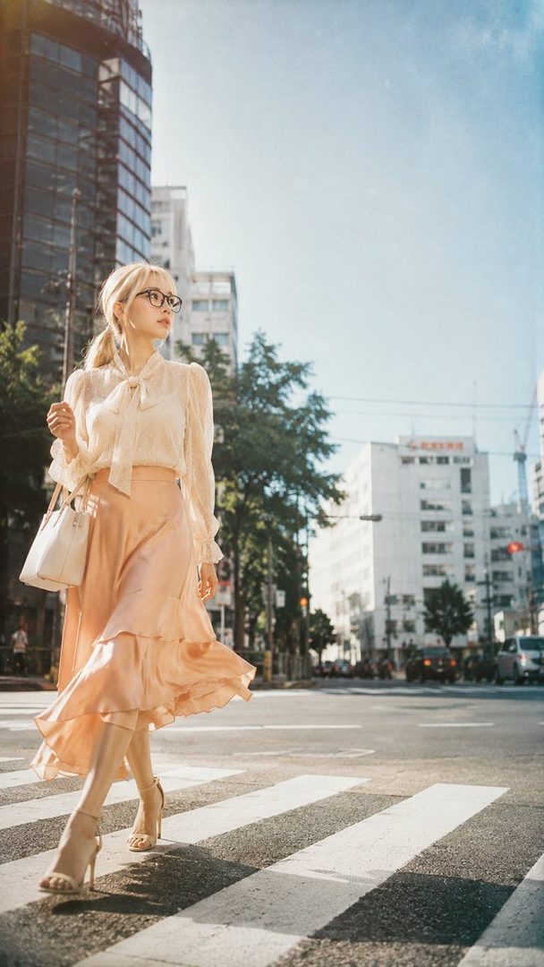 Elegant blonde woman in a pink blouse and flowing skirt crossing a sunny city street.