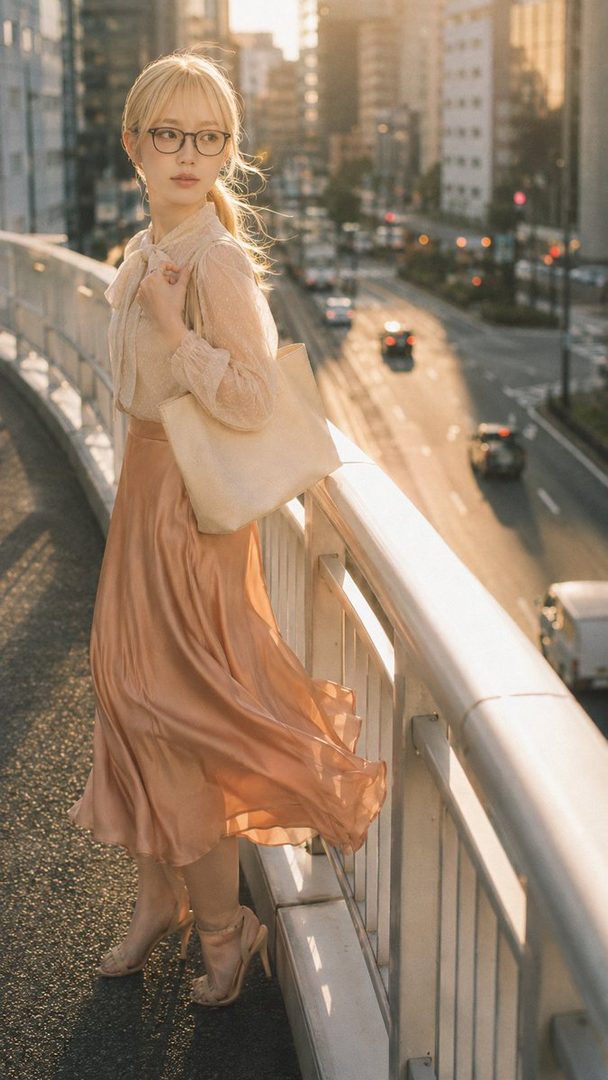 Elegant blonde woman with glasses wearing a sheer blouse and flowing peach skirt, posing with a tote bag on an urban overpass at golden hour.