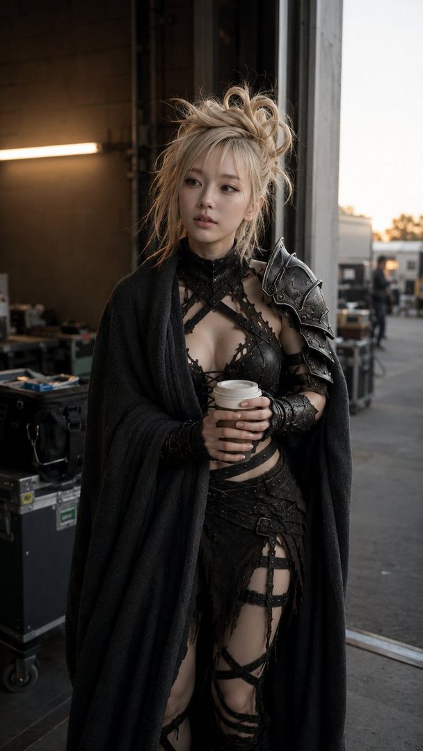 Blonde woman in dark fantasy armor and cape holding coffee at twilight industrial location.