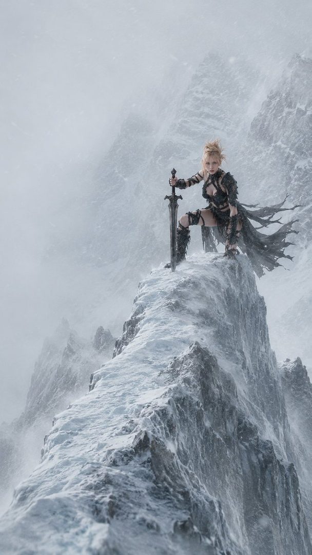 Blonde warrior woman in ornate black armor holding a large sword atop a snowy mountain peak in a blizzard.