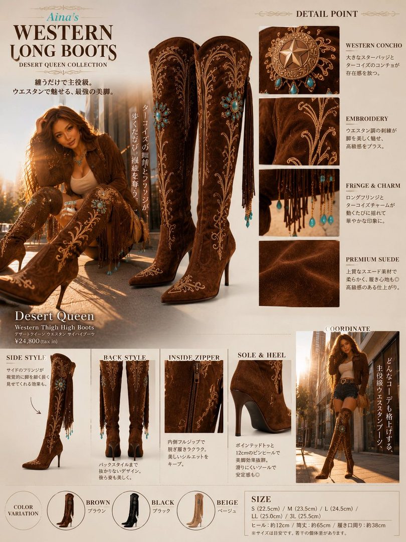 A young woman modeling luxurious chocolate brown suede thigh-high western boots with turquoise embroidery and fringe details in a studio setting.