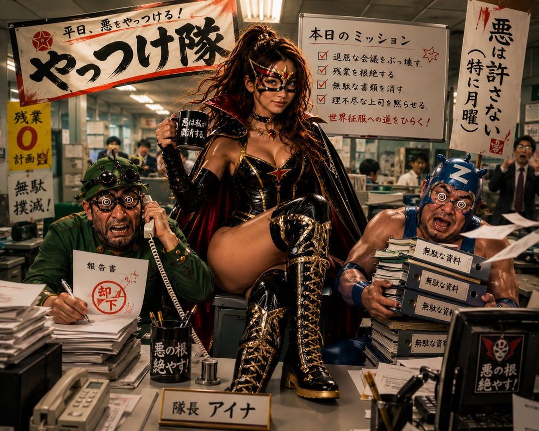 Aina as a powerful superheroine dominating a chaotic Japanese office with two frantic male sidekicks.