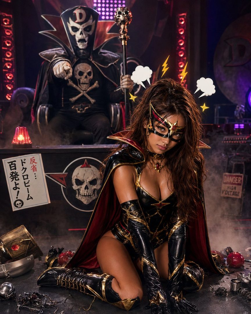A seductive woman in a black and gold superhero costume kneels in a dramatic villain's lair with a skull-masked figure seated behind her.