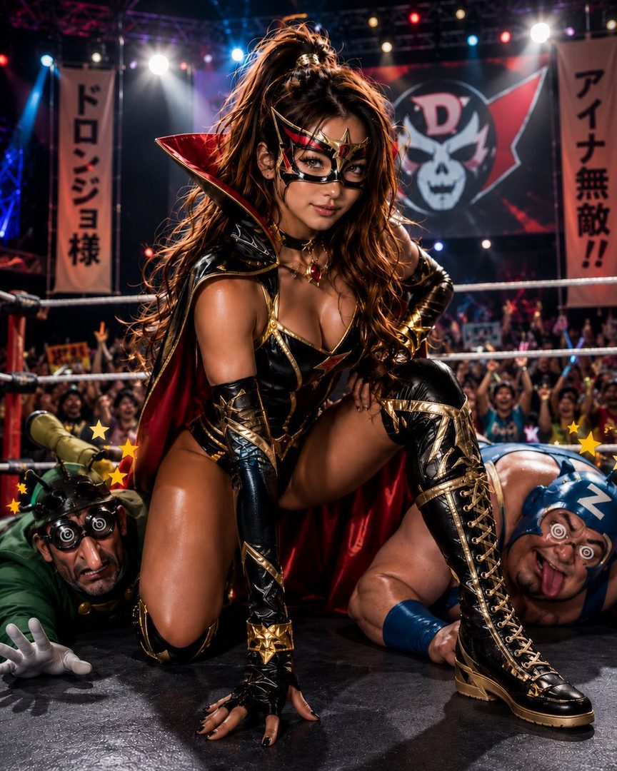A confident female wrestler in a black and gold costume with cape and mask poses triumphantly over two defeated opponents in a brightly lit arena.