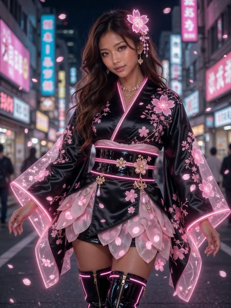 A young East Asian woman posing in a futuristic black and neon pink sakura kimono couture outfit with glowing details on a neon-lit Japanese city street at night.