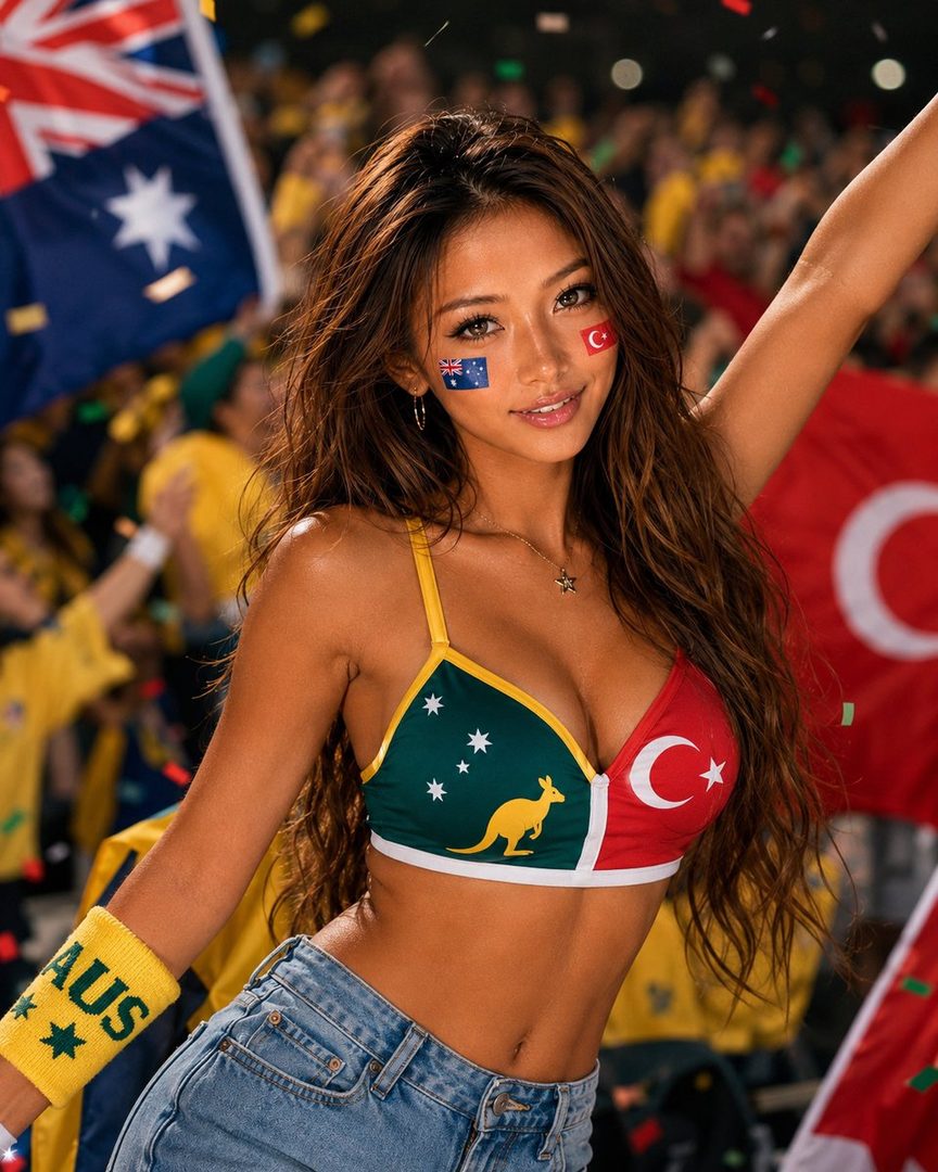 Attractive young woman with long brown hair in a revealing Australia-Turkey themed sports bra cheering in a crowded stadium with Australian flags.