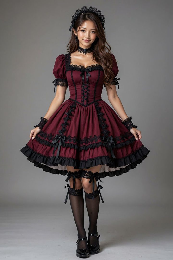 Young woman posing in a wine-red and black gothic lolita dress with lace details in a studio setting.